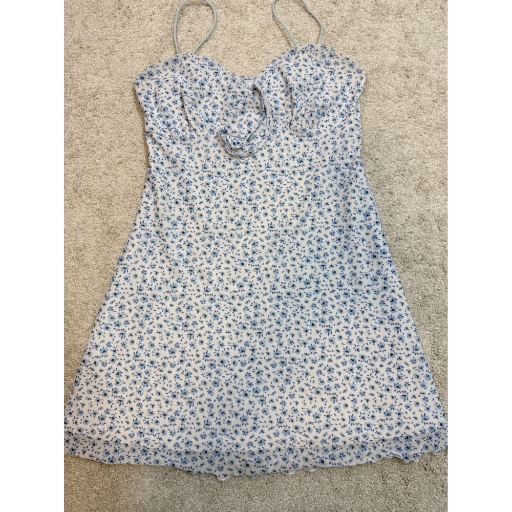 Charlotte Russe Blue White Ditsy Floral Tie Front Mini Dress/shirt Lettuce hem